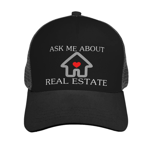 Ask Me About Real Estate Trucker Hat - Snapback Hat, Baseball Cap for Men Women - Breathable Mesh Side, Adjustable Fit - for Casual Wear Black