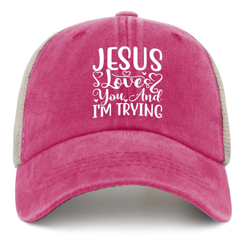 Jesus Loves You and I'm Trying Hat Trucker Hat Women Funny Mesh Cap for Summer Pink Jesus Loves You and I'm Trying Hat Trucker Hat Women Funny Mesh Cap for Summer Pink