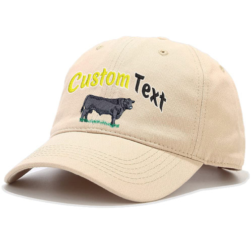 Custom Soft Baseball Cap Western Farm Animal Cow Cattle Angus Bull Personalized Embroidered Design Your Own Farm Text & Name Khaki