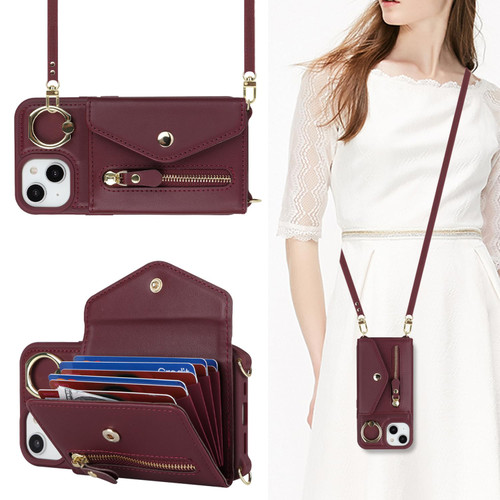 Lipvina for iPhone 14 Case Wallet with Strap for Women - Crossbody Lanyard,Zipper Pocket,Credit Card Holder,Ring Stand - RFID Blocking Phone Wallet Case for iPhone 14(6.1 inch,Wine Red)