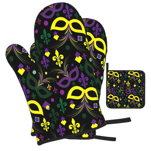 DXTKWL Purple Yellow Fleur De Lis Oven Mitts and Pot Holders Sets of 3 Heat Resistant Kitchen Oven Mitts Gloves Non Slip Hot Pads for Backing Grilling BBQ Cooking