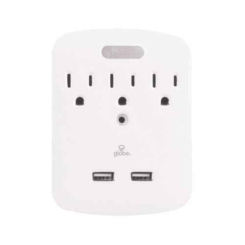 Globe Electric 78231 3-Outlet Surge Protector Wall Tap Night Light, Motion Sensor, 2 USB Ports, 900 Joules Surge Protection, Grounded, White Finish