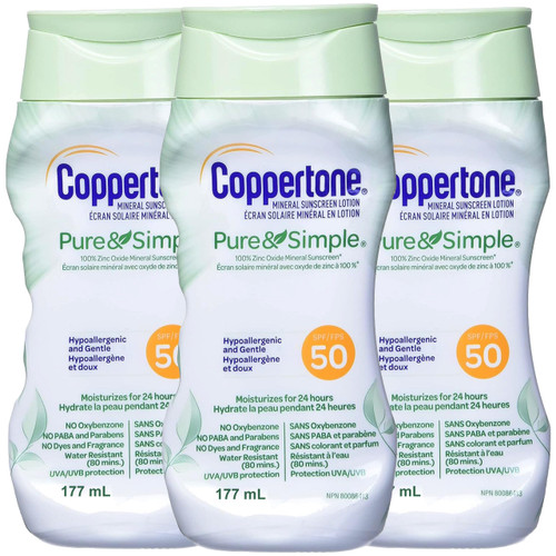 Coppertone Pure and Simple Zinc Oxide Mineral Sunscreen Lotion SPF 50, Body Sunscreen, Water Resistant, Broad Spectrum SPF 50 Sunscreen for Sensitive Skin, 6 Fl Oz Bottle (Pack of 3)