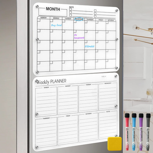 Acrylic Magnetic Dry Erase Board, Dry Erase Calendar Clear Board, Monthly Magnetic Calendars Board and Dry Erase Board, 4 Markers, 1 Eraser (White)