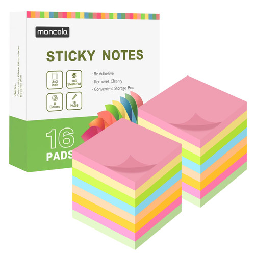 Mancola Sticky Notes Post, 8 Colors Self Sticky Notes Pad Its 3X3 in,16 Pads Bright Post Stickies Colorful Big Square Sticky Notes for Office, Home, School, Meeting,100 Sheets/pad