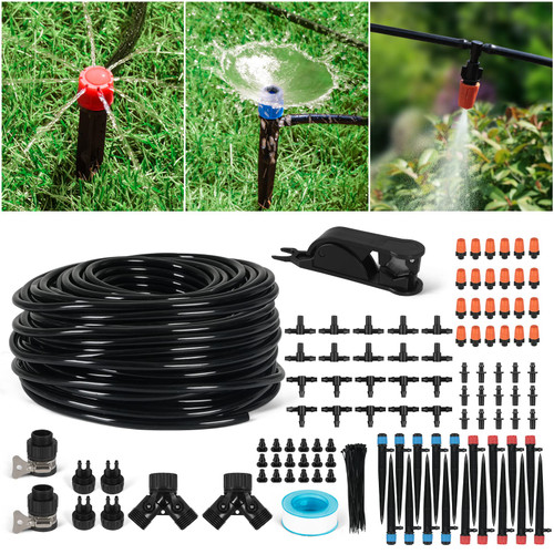 Aomedeelf Drip Irrigation Kit, 200FT/60M Garden Irrigation System, Drip Irrigation System with 1/4 Inch Tubing, Automatic Irrigation System with Drip Irrigation Emitters Sprinkler Nozzle for Greenhouse, Patio and Lawn