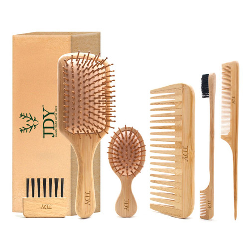 JDY Brush Bamboo Hair Brushes and Combs For Women Men Kids Wooden Hair Brush with Wide Tooth Comb,Rat Tail Comb, Edge Brush,Designed for Curly Fine Thick Hair Detangling Scalp Massage