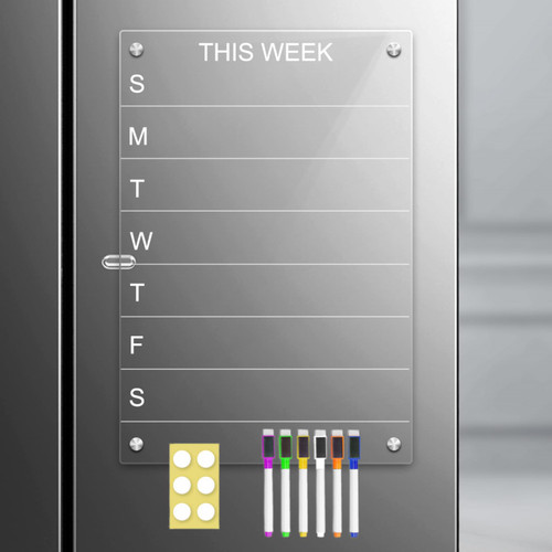 Acrylic Weekly Calendar for Fridge Clear Weekly Meal Planner Board Resuable Magnet Acrylic Dry Erase Board for Refrigerator Includes 6 Colors Magnetic Markers(11x14inch)