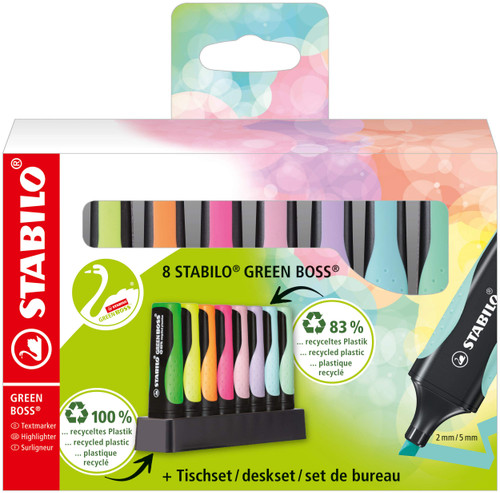 STABILO Eco-Friendly Highlighter GREEN BOSS Pastel - Deskset of 8 - Assorted Colours