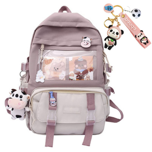 JELLYEA Kawaii School Backpack for Girls with Cute Pin and Accessories School Teens Bookbag Cute Backpack Middle Elementary (Purple)