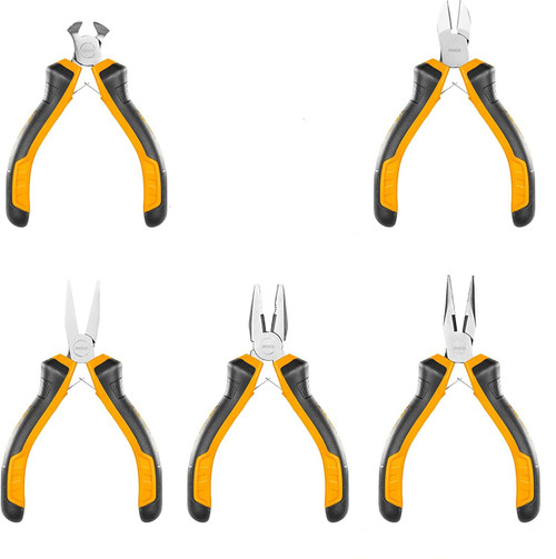 INGCO 5pcs Mini Plier Set, Including 4.5 Inch Combination Pliers, Diagonal Cutting pliers, Long Nose Pliers, Flat Nose Pliers, End Cutting Pliers HMPS01115