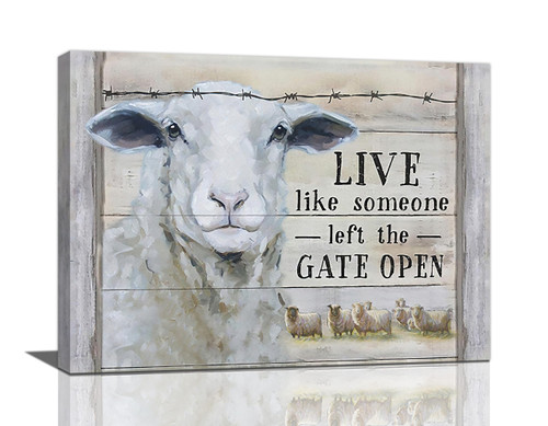 Farmhouse Lamb Sheep Wall Art Country Goat Pictures Wall Decor Rustic Goat Canvas Painting Modern Home Artwork for Bathroom Bedroom Living Room Office Framed 16"x12"