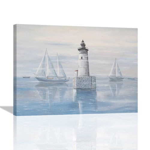 Lighthouse Nautical Wall Art Ocean Theme Sailing Boat Beacon Pictures Wall Decor Coastal Beach Seascape Canvas Prints Painting Modern Home Framed Artwork for Bathroom Bedroom Living Room 16"x12"