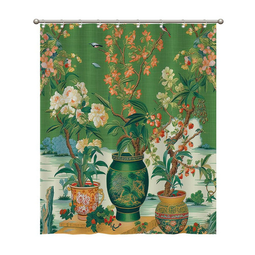Green Red Colorful Chinoiserie Floral Shower Curtains 60x72 Inch Polyester Fabric Bathroom Shower Curtains with Hooks Durable Waterproof Shower Curtains for Bathroom Bathtub Home Decoration