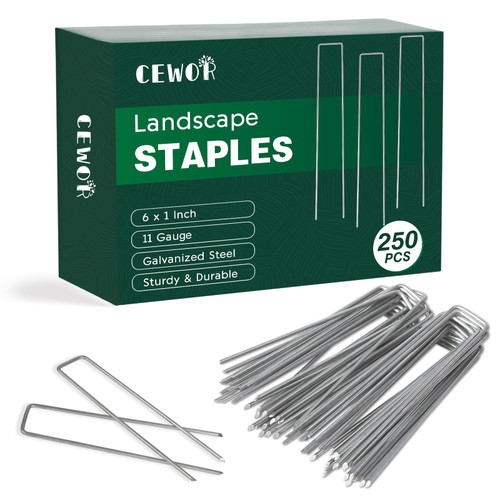 CEWOR Landscape Staples 250 Pack 6 Inches 11 Gauge Stakes, Galvanized Garden Stakes Landscaping Staples and SOD Pins Lawn Stakes for Weed Barrier Fabric