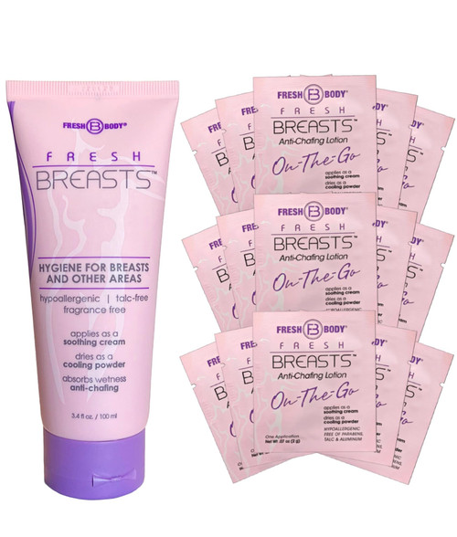 Fresh Body Fresh Breasts Anti Chafing Deodorant Lotion to Powder for Women, 3.4oz and On-The-Go Travel Size Single .07oz (15 Pack) - Anti Chafe Cream Whole Body Deodorant for Women