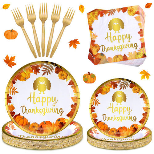 Lounsweer 96 Pcs Thanksgiving Paper Plates and Napkins Disposable Fall Party Supplies Plates and Napkins for Guests Fall Dinnerware Pumpkin Turkey Plates Autumn Theme Tableware Harvest Decorations