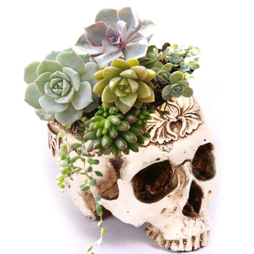 Skull Planter Pot Resin Flower Succulents Pot Planter Skull Head Flowerpot Halloween Skeleton Sculpture Decor for Home Office Decoration (Floral Print)