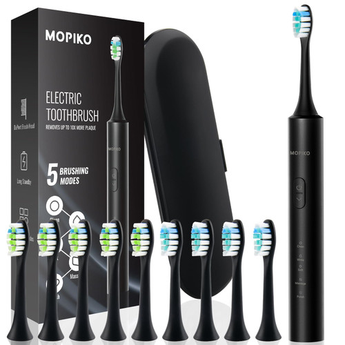 MOPIKO Electric Toothbrush for Adults and Kids,Rechargeable Power Toothbrushes,Sonic Travel Toothbrush Kit with 10 Heads,Smart Whitening Toothbrush USB-C (Black)