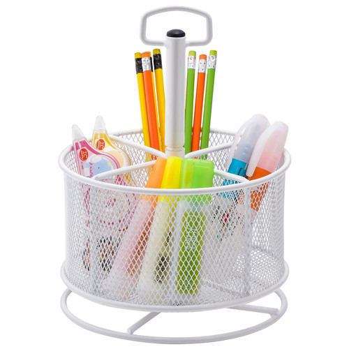 Marbrasse Mesh Desk Organizer, 360-Degree Rotating Multi-Functional Pen Holder, 4 Compartments Desktop Stationary Organizer, Home Office Art Supply Storage Box Caddy (Rotating-Pen Holder-W)