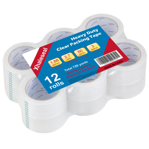XhaleSeal Clear Packing Tape 2.7 Mil 1.88 in 60 Yards Per Roll Heavy Duty Packaging Tape 720 Yards Packing Tape Refill for Moving Shipping Packaging Boxes (12 Rolls)