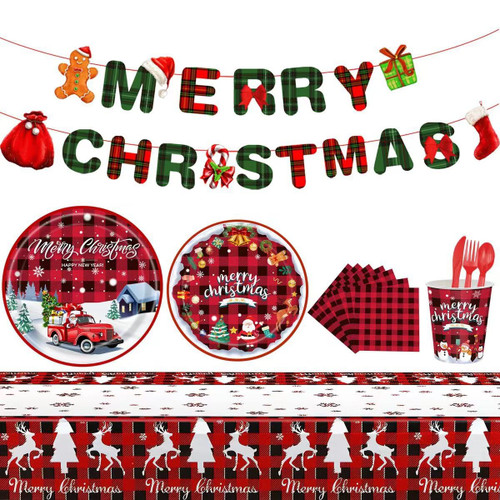 Christmas Party Supplies,Severs 24 Disposable Party Dinnerware Include Paper Party Plates, Cups, Napkins, Straw, Fork Knives Spoons,Tablecloth and Merry Christmas Banner