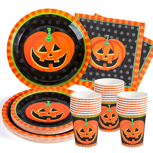 Whaline 96Pcs Halloween Party Dinnerware Set Orange Black Pumpkin Themed Paper Plates Cups Napkins Halloween Disposable Tableware Party Supplies for Spooky Themed Party Birthday, Serves 24 Guests Whaline 96Pcs Halloween Party Dinnerware Set Orange Black Pumpkin Themed Paper Plates Cups Napkins Halloween Disposable Tableware Party Supplies for Spooky Themed Party Birthday, Serves 24 Guests