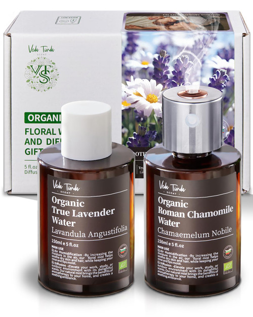 VTS Organic Lavender Water and Roman Chamomile Floral Water with Diffuser, Aromatherapy Air Freshener Mini Humidifier (5 fl.oz Lavender Hydrosol, 5 fl.oz Roman Chamomile Hydrosol, Portable Diffuser)