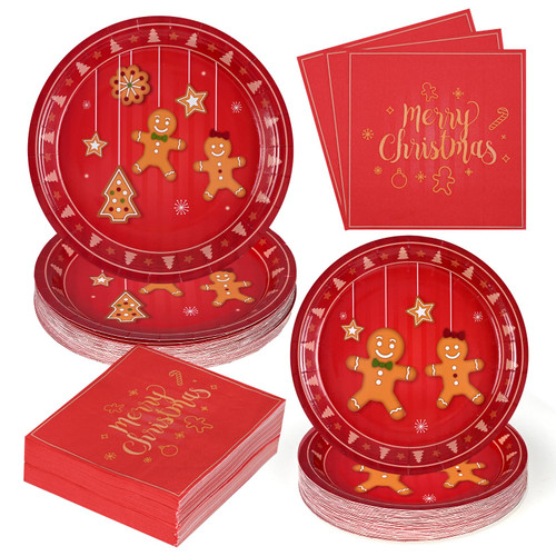 Homlouue Gingerbread Man Christmas Paper Plates and Napkins, Red Retro Christmas Disposable Dinnerware Set for Christmas New Year Party Decor, Holiday Paper Plates Party Supplies Serves 50 Guests