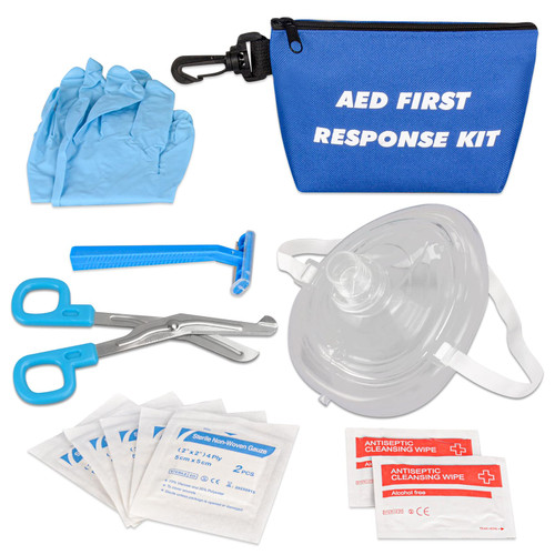 Skillssist AED First Responder Kit with CPR Rescue Mask, Disposable Razor, EMT Trauma Shears, Gloves, Gauze Pads, Cleaning Wipes for AED Training, CPR AED First Aid Accessory Kit with Blue Nylon Bag