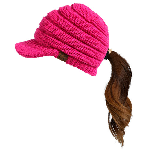 C.C Hatsandscarf Exclusives Women's Chunky Criss-Cross Ponytail Ribbed Knit Hat with Brim (CCB-2) (# Criss-Cross-Neon Hot Pink)