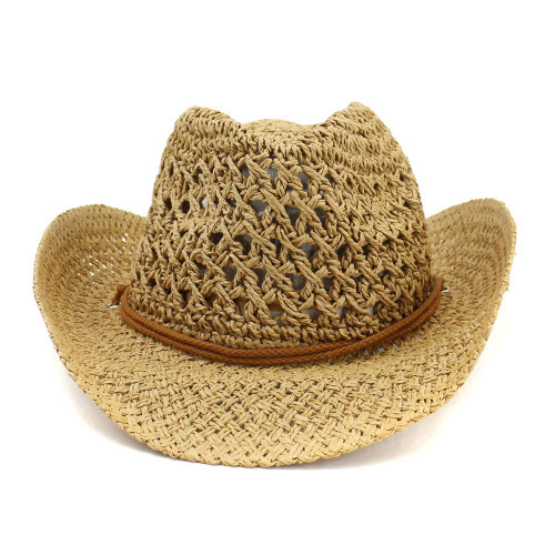 Straw Cowboy Hat Cowgirl Straw Hats Shapeable Wide Brim Staw Beach Sun Hat for Men and Women Khaki