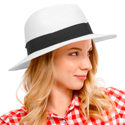 Women Straw Panama Beach Hat Packable Foldable Summer Fedora Wide Brim Sun Hats (White,L)