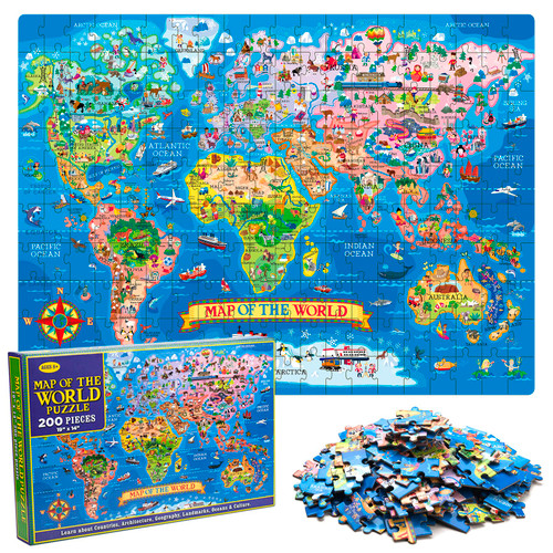 200 Pieces World Map Jigsaw Puzzle for Kids Ages 4-8 and Older, Kids World Puzzle and Floor Jigsaw Puzzle Fun Educational Toy for Kids, School & Families (World Puzzle)