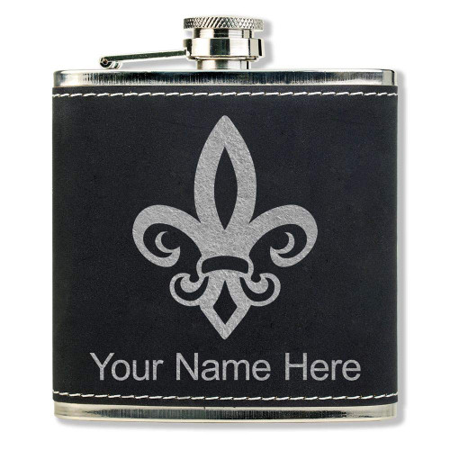 Faux Leather Flask, Fleur de Lis, Personalized Engraving Included (Black With Silver)