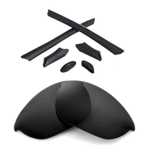 Walleva Replacement Lenses And Rubber For Oakley Half Jacket Sunglasses - Multiple Options Available (Black Polarized Lenses + Black Rubber)