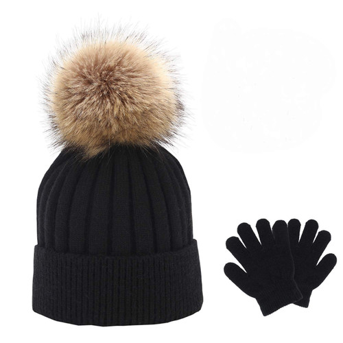 BZ Winter Pom Pom Beanie Hat with Pom Warm Knit Skull Cap Beanie Gloves for Girl and Boy Girls Hat and Gloves Set Black