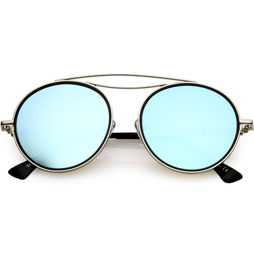 zeroUV - Polarized Round Aviator Sunglasses for Women Metal Brow Bar Mirrored Lens 52mm (Silver/Blue Mirror)