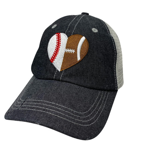 Cocomo Soul Womens Ball Mom Hat | Half Baseball Half Football Heart Hat | Football Mom Hat | Baseball Mom Hat | 602 Dark Grey Cocomo Soul Womens Ball Mom Hat | Half Baseball Half Football Heart Hat | Football Mom Hat | Baseball Mom Hat | 602 Dark Grey