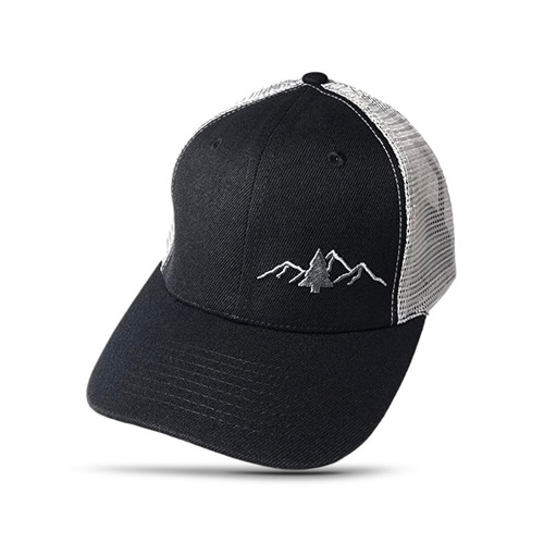 Trucker Hat - Explore The Great Outdoors Mountain & Trees Design - Snapback Hats for Men (Black/Grey Mesh)