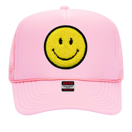 Original Smiley Patch Trucker Hat - The Trendy & Cute Trucker Hat with Chenille Patch for Women and Men (Pink)