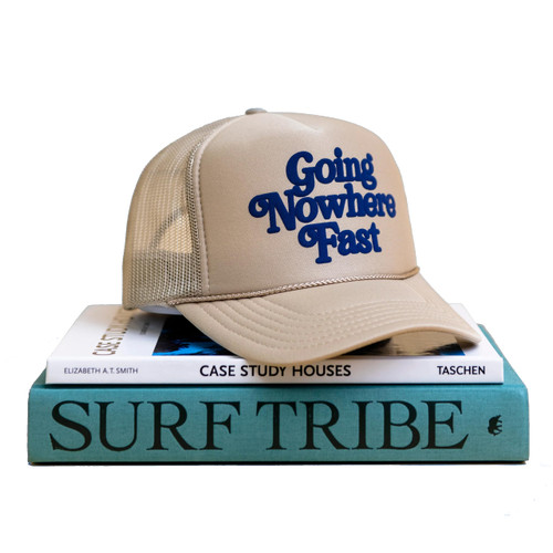 Going Nowhere Fast Trucker Hat - Trendy Vintage Cowgirl Cowboy Y2K Graphic Snapback Cap for Women and Men (Tan)