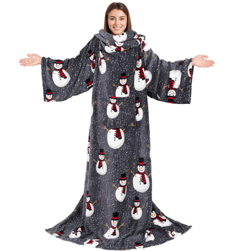PAVILIA Fleece Wearable Blanket with Sleeves for Adults Women Men, Snowman Christmas Soft Warm Full Body Wrap Throw, Front Pocket, Cozy Robe Blanket with Arm, Gifts for Mom Wife