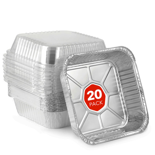 Stock Your Home (20 Pack 8x8 Disposable Baking Pans with Lids, Heavy Duty Square Aluminum Cake Pan with Lid, Foil Trays with Clear Plastic Cover, Food Take Out Container for Baked Goods