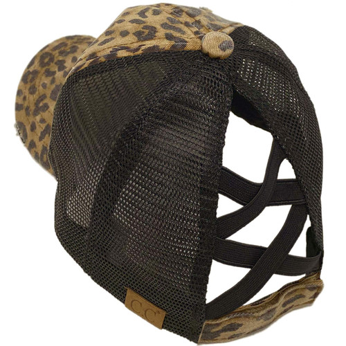 C.C Ponytail Criss Cross Messy Buns Ponycaps Baseball Cap Dad Trucker Mesh Hat (Distressed Baby Leopard/Black)