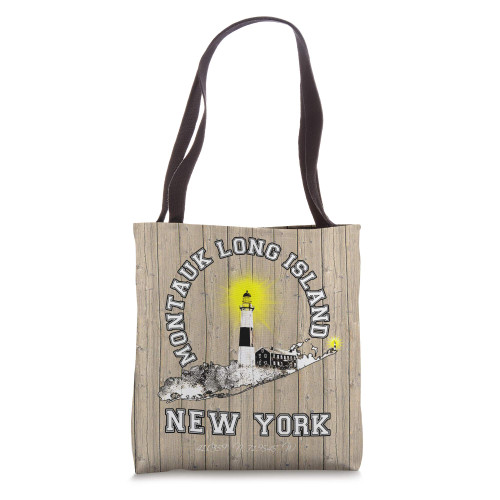 Montauk Lighthouse Long Island NY on Rustic Wood-Plank Print Tote Bag