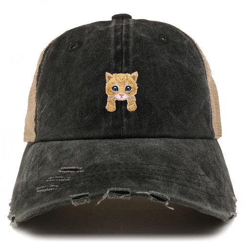 Trendy Apparel Shop Yellow Norwegian Forest Cat Kitten Patch Frayed Bill Trucker Mesh Back Cap - Black