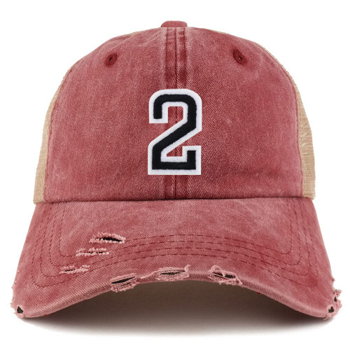 Trendy Apparel Shop Number 2 Patch Frayed Bill Trucker Mesh Back Cap - Wine