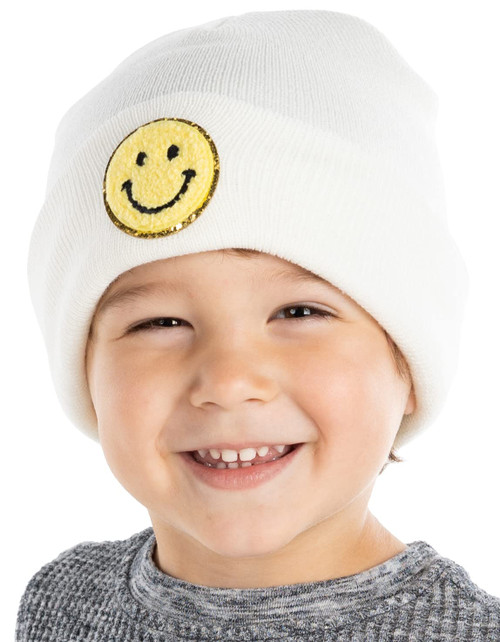 Classic Knit Winter Hat with Smiley Face Patch - Smiley - Ivory/Yellow