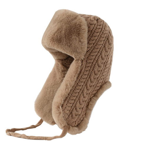 Womens Winter Warm Cable Knitted Hat Thick Fleece Lined Sherpa Pilot Hood Cap Windproof Earflap Beanie Peruvian Trapper Hat Khaki
